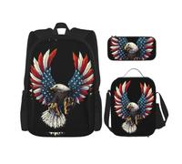Uusnwaa 3pcs American Eagle Flag Print School Backpack Set,Large Capacity Water Resistant Laptop Backpack with Insulated Lunch Bag & Pencil Case for Middle School Teens Back to School Supplies