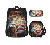 Uusnwaa 3pcs American Flag Fire Eagle Print School Backpack Set,Large Capacity Water Resistant Laptop Backpack with Insulated Lunch Bag & Pencil Case for Middle School Teens Back to School Supplies