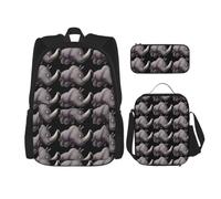 Uusnwaa 3pcs Angry Rhino Print School Backpack Set,Large Capacity Water Resistant Laptop Backpack with Insulated Lunch Bag & Pencil Case for Middle School Teens Back to School Supplies