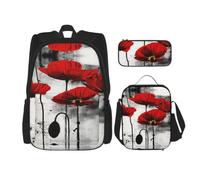 Uusnwaa 3pcs Beautiful Poppy Flower Ink Print School Backpack Set,Large Capacity Water Resistant Laptop Backpack with Insulated Lunch Bag & Pencil Case for Middle School Teens Back to School Supplies
