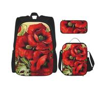Uusnwaa 3pcs Beautiful Red Poppy Flower Print School Backpack Set,Large Capacity Water Resistant Laptop Backpack with Insulated Lunch Bag & Pencil Case for Middle School Teens Back to School Supplies