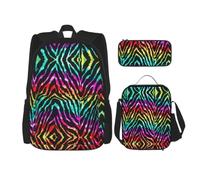 Uusnwaa 3pcs Colorful Rainbow Zebra Print School Backpack Set,Large Capacity Water Resistant Laptop Backpack with Insulated Lunch Bag & Pencil Case for Middle School Teens Back to School Supplies