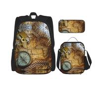 Uusnwaa 3pcs Compass and Old World Map Print School Backpack Set,Large Capacity Water Resistant Laptop Backpack with Insulated Lunch Bag & Pencil Case for Middle School Teens Back to School Supplies