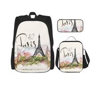 Uusnwaa 3pcs Eiffel Tower Print School Backpack Set,Large Capacity Water Resistant Laptop Backpack with Insulated Lunch Bag & Pencil Case for Middle School Teens Back to School Supplies