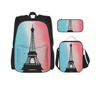 Uusnwaa 3pcs Eiffel Tower Print School Backpack Set,Large Capacity Water Resistant Laptop Backpack with Insulated Lunch Bag & Pencil Case for Middle School Teens Back to School Supplies