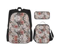 Uusnwaa 3pcs Flower Paris Eiffel Tower Print School Backpack Set,Large Capacity Water Resistant Laptop Backpack with Insulated Lunch Bag & Pencil Case for Middle School Teens Back to School Supplies