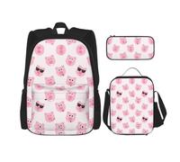 Uusnwaa 3pcs Funny Pink Pig Face Print School Backpack Set,Large Capacity Water Resistant Laptop Backpack with Insulated Lunch Bag & Pencil Case for Middle School Teens Back to School Supplies
