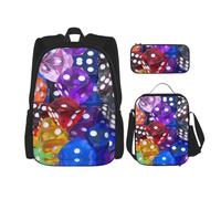 Uusnwaa 3pcs Games Dice Set Print School Backpack Set,Large Capacity Water Resistant Laptop Backpack with Insulated Lunch Bag & Pencil Case for Middle School Teens Back to School Supplies