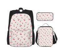 Uusnwaa 3pcs Lovely Sweet Red Cherry Print School Backpack Set,Large Capacity Water Resistant Laptop Backpack with Insulated Lunch Bag & Pencil Case for Middle School Teens Back to School Supplies
