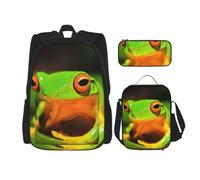 Uusnwaa 3pcs Lovely Tree Frogs Print School Backpack Set,Large Capacity Water Resistant Laptop Backpack with Insulated Lunch Bag & Pencil Case for Middle School Teens Back to School Supplies