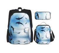 Uusnwaa 3pcs Ocean Animal Shark Print School Backpack Set,Large Capacity Water Resistant Laptop Backpack with Insulated Lunch Bag & Pencil Case for Middle School Teens Back to School Supplies