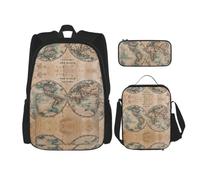 Uusnwaa 3pcs Old Stained World Map Print School Backpack Set,Large Capacity Water Resistant Laptop Backpack with Insulated Lunch Bag & Pencil Case for Middle School Teens Back to School Supplies