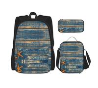 Uusnwaa 3pcs Old Wooden Starfish Summer Print School Backpack Set,Large Capacity Water Resistant Laptop Backpack with Insulated Lunch Bag & Pencil Case for Middle School Teens Back to School Supplies
