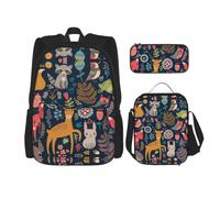 Uusnwaa 3pcs Owl Rabbit Bird Fox Print School Backpack Set,Large Capacity Water Resistant Laptop Backpack with Insulated Lunch Bag & Pencil Case for Middle School Teens Back to School Supplies