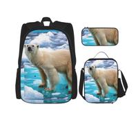 Uusnwaa 3pcs Polar Bear Ice Print School Backpack Set,Large Capacity Water Resistant Laptop Backpack with Insulated Lunch Bag & Pencil Case for Middle School Teens Back to School Supplies