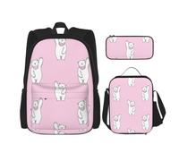 Uusnwaa 3pcs Polar Bear Pink Print School Backpack Set,Large Capacity Water Resistant Laptop Backpack with Insulated Lunch Bag & Pencil Case for Middle School Teens Back to School Supplies