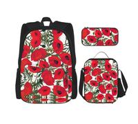 Uusnwaa 3pcs Poppy Flower Pattern Print School Backpack Set,Large Capacity Water Resistant Laptop Backpack with Insulated Lunch Bag & Pencil Case for Middle School Teens Back to School Supplies