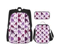 Uusnwaa 3pcs Purple Poodle Polka Dot Print School Backpack Set,Large Capacity Water Resistant Laptop Backpack with Insulated Lunch Bag & Pencil Case for Middle School Teens Back to School Supplies