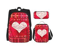 Uusnwaa 3pcs Red Hearts Love Print School Backpack Set,Large Capacity Water Resistant Laptop Backpack with Insulated Lunch Bag & Pencil Case for Middle School Teens Back to School Supplies