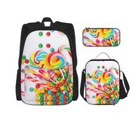 Uusnwaa 3pcs Sweet Candy Backdrop Print School Backpack Set,Large Capacity Water Resistant Laptop Backpack with Insulated Lunch Bag & Pencil Case for Middle School Teens Back to School Supplies