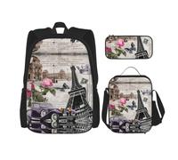 Uusnwaa 3pcs Tower and Car Print School Backpack Set,Large Capacity Water Resistant Laptop Backpack with Insulated Lunch Bag & Pencil Case for Middle School Teens Back to School Supplies