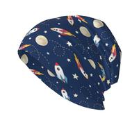 Uusnwaa Classic Double Layer Knit Rocket in Space Print Beanie Hat Warm Thick Winter Hats, Men Women Ski Hats for Adult Black