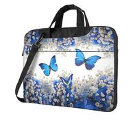 Uusnwaa Classic Slim Laptop Blue Butterflies White Flowers Print Bag With Shoulder Strap And Handle,Ergonomic Briefcase And Messenger Bag