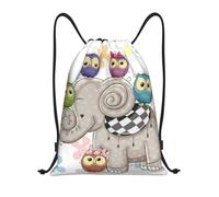 Uusnwaa Drawstring Cartoon Elephant And Owls Floral Print Backpack String Bag Sackpack Cinch Water Resistant For Gym Shopping Sport Yoga