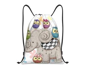 Uusnwaa Drawstring Cartoon Elephant And Owls Floral Print Backpack String Bag Sackpack Cinch Water Resistant For Gym Shopping Sport Yoga