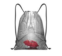 Uusnwaa Drawstring Eiffel Tower Paris Street Red Umbrella Print Backpack String Bag Sackpack Cinch Water Resistant For Gym Shopping Sport Yoga