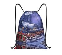 Uusnwaa Drawstring Snow Night Santa And Deer Print Backpack String Bag Sackpack Cinch Water Resistant For Gym Shopping Sport Yoga