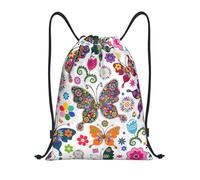 Uusnwaa Drawstring Spring Floral Butterfly Print Backpack String Bag Sackpack Cinch Water Resistant For Gym Shopping Sport Yoga