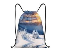 Uusnwaa Drawstring Sunset Winter Mountains Print Backpack String Bag Sackpack Cinch Water Resistant For Gym Shopping Sport Yoga