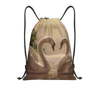 Uusnwaa Drawstring Swan Green Leaves Print Backpack String Bag Sackpack Cinch Water Resistant For Gym Shopping Sport Yoga