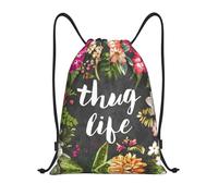Uusnwaa Drawstring Thug Life Flowers Print Backpack String Bag Sackpack Cinch Water Resistant For Gym Shopping Sport Yoga