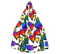 Uusnwaa Hooded Rainbow Colored Gay Pride Hearts Print Cloak,Cloak With Hood Medieval Renaissance Cape For Men And Women Halloween Cosplay Costume