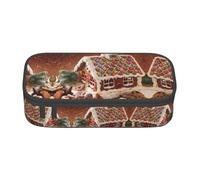 Uusnwaa Large Capacity Zipper Christmas Gingerbread Like Village House Print Pencil Case & Pouch,Multi-Slot Stationery Organizer with Mesh Pocket for School