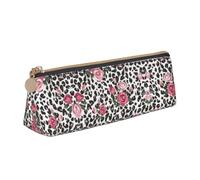 Uusnwaa Leather Cute Pink Rose Mix Leopard Pattern Print Pen Case Pencil Bag Pouch with Zipper,Cosmetic Organizer Bag for School Office Woman Man