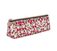 Uusnwaa Leather Red Cherries Print Pen Case Pencil Bag Pouch with Zipper,Cosmetic Organizer Bag for School Office Woman Man