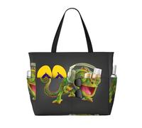 Uusnwaa Waterproof Sandproof Chameleon Listen Music Print Large Beach Tote For Women, Foldable Lightweight Zipper Pool Travel Cruise Bag
