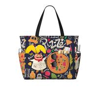 Uusnwaa Waterproof Sandproof Chef Pizza Print Large Beach Tote For Women, Foldable Lightweight Zipper Pool Travel Cruise Bag