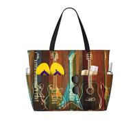 Uusnwaa Waterproof Sandproof Guitars Art Print Large Beach Tote For Women, Foldable Lightweight Zipper Pool Travel Cruise Bag