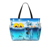 Uusnwaa Waterproof Sandproof Penguins On The Iceberg Print Large Beach Tote For Women, Foldable Lightweight Zipper Pool Travel Cruise Bag