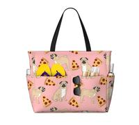 Uusnwaa Waterproof Sandproof Pug Pizza Pink Print Large Beach Tote For Women, Foldable Lightweight Zipper Pool Travel Cruise Bag