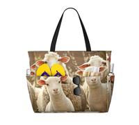 Uusnwaa Waterproof Sandproof Sheep And Lambs Print Large Beach Tote For Women, Foldable Lightweight Zipper Pool Travel Cruise Bag