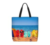 Uusnwaa Women Flip-Flops On A Sandy Beach Print Tote Bag,Shoulder Handbag,Reusable Grocery Shopping Bag For Travel Work Beach