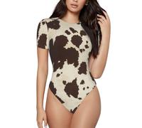 Uusnwaa Women'S Round Neck Short Sleeve Slim Fit T Shirts Tops Basic Cow Fur Print Print Bodysuit,Summer Stretchy Onesie Outfits Black