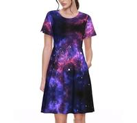 Uusnwaa Women's Summer Casual Short Sleeve Crew Neck Universe Galaxy Star Space Print Dresses, Beach Party A-Line Dresses with Pockets Black