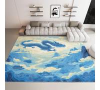 UUZEAI Blue Chinese Dragon Oriental Aesthetic Asian Style Bedroom Rugs, Japanese Auspicious Cloud Mountain Non Slip Washable Carpet for Living Room, Indoor Home Decor(180x300cm)