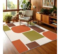 UUZEAI Mid Century Modern Area Rug 100x120 cm Orange Green Brown Retro Geometric Color Block Abstract Rug, Low Pile Non-Slip Washable Indoor Rug for Living Room Bedroom